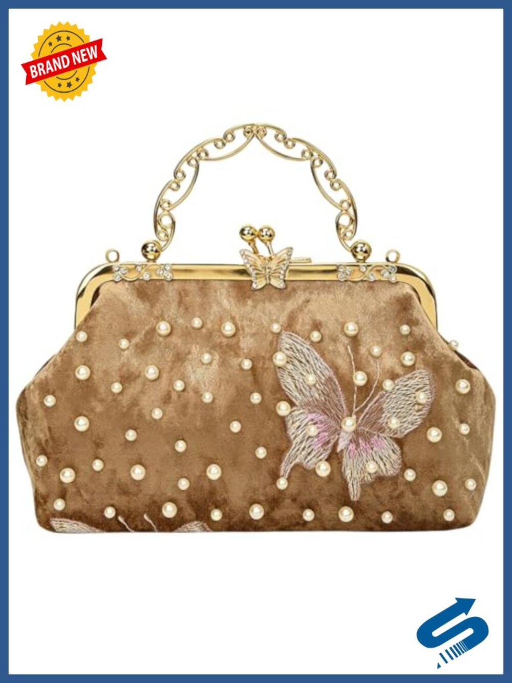 Pearl Butterfly Embroidered Velvet Evening Clutch Kiss Lock